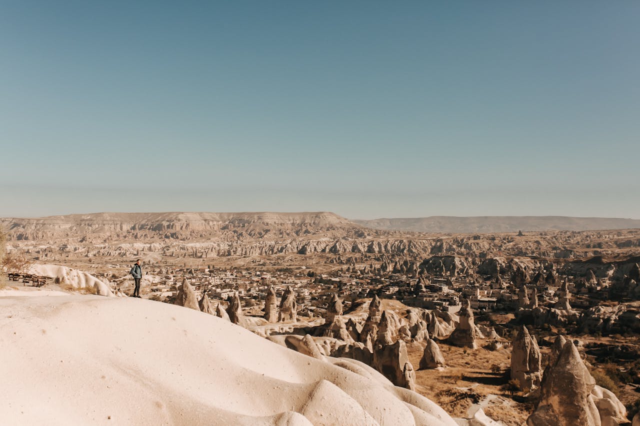Explore the stunning landscape of Cappadocia with its unique rock formations under a clear sky.